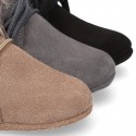 Classic suede leather baby little bootie with FAKE HAIR neck design.