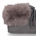 Classic suede leather baby little bootie with FAKE HAIR neck design.