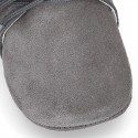 Classic suede leather baby little bootie with FAKE HAIR neck design.