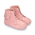 MOHICAN style ankle boots with fringed design in PINK suede leather.