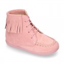 MOHICAN style ankle boots with fringed design in PINK suede leather.