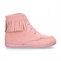 MOHICAN style ankle boots with fringed design in PINK suede leather.