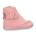 MOHICAN style ankle boots with fringed design in PINK suede leather.