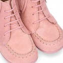 MOHICAN style ankle boots with fringed design in PINK suede leather.