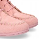 MOHICAN style ankle boots with fringed design in PINK suede leather.