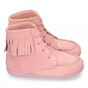 MOHICAN style ankle boots with fringed design in PINK suede leather.