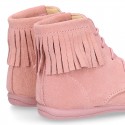 MOHICAN style ankle boots with fringed design in PINK suede leather.