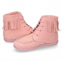 MOHICAN style ankle boots with fringed design in PINK suede leather.