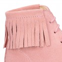 MOHICAN style ankle boots with fringed design in PINK suede leather.