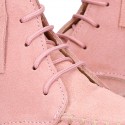 MOHICAN style ankle boots with fringed design in PINK suede leather.