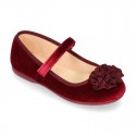 Little Mary jane shoes with hook and loop strap in velvet fabric.