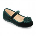 Little Mary jane shoes with hook and loop strap in velvet fabric.