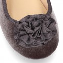 Little Mary jane shoes with hook and loop strap in velvet fabric.