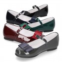 New little OKAA Mary Jane shoes with shoemaker ribbon in patent leather.