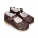 Classic BROWN NAPPA leather little Mary Janes with perforated flower design.