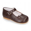 Classic BROWN NAPPA leather little Mary Janes with perforated flower design.