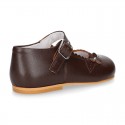 Classic BROWN NAPPA leather little Mary Janes with perforated flower design.