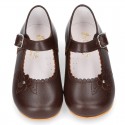 Classic BROWN NAPPA leather little Mary Janes with perforated flower design.