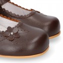 Classic BROWN NAPPA leather little Mary Janes with perforated flower design.