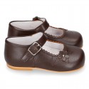 Classic BROWN NAPPA leather little Mary Janes with perforated flower design.