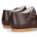 Classic BROWN NAPPA leather little Mary Janes with perforated flower design.