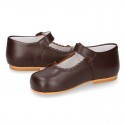 Classic BROWN NAPPA leather little Mary Janes with perforated flower design.