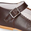 Classic BROWN NAPPA leather little Mary Janes with perforated flower design.