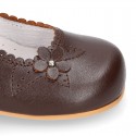 Classic BROWN NAPPA leather little Mary Janes with perforated flower design.