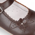 Classic BROWN NAPPA leather little Mary Janes with perforated flower design.