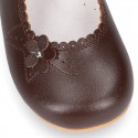 Classic BROWN NAPPA leather little Mary Janes with perforated flower design.