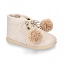 Autumn winter canvas little bootie with POMPONS.