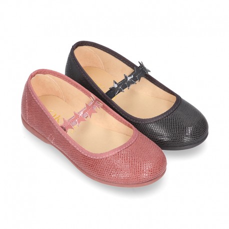 Little Ballet flat shoes with elastic band and STAR design in Print autumn winter canvas.