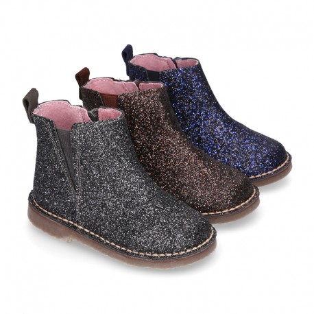 Dress GLITTER NAPPA leather kids ankle boot shoes with elastic band and zipper closure.