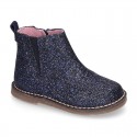 Dress GLITTER NAPPA leather kids ankle boot shoes with elastic band and zipper closure.