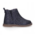 Dress GLITTER NAPPA leather kids ankle boot shoes with elastic band and zipper closure.