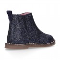 Dress GLITTER NAPPA leather kids ankle boot shoes with elastic band and zipper closure.