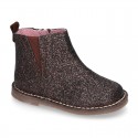 Dress GLITTER NAPPA leather kids ankle boot shoes with elastic band and zipper closure.