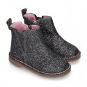 Dress GLITTER NAPPA leather kids ankle boot shoes with elastic band and zipper closure.