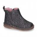 Dress GLITTER NAPPA leather kids ankle boot shoes with elastic band and zipper closure.