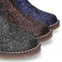 Dress GLITTER NAPPA leather kids ankle boot shoes with elastic band and zipper closure.