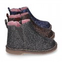 Dress GLITTER NAPPA leather kids ankle boot shoes with elastic band and zipper closure.