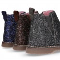 Dress GLITTER NAPPA leather kids ankle boot shoes with elastic band and zipper closure.