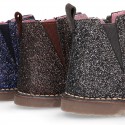 Dress GLITTER NAPPA leather kids ankle boot shoes with elastic band and zipper closure.