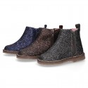 Dress GLITTER NAPPA leather kids ankle boot shoes with elastic band and zipper closure.