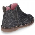 Dress GLITTER NAPPA leather kids ankle boot shoes with elastic band and zipper closure.