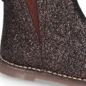 Dress GLITTER NAPPA leather kids ankle boot shoes with elastic band and zipper closure.