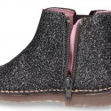 Dress GLITTER NAPPA leather kids ankle boot shoes with elastic band and zipper closure.