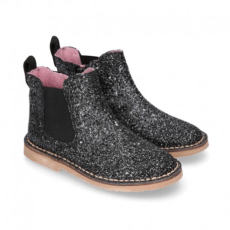 BLACK GLITTER NAPPA leather kids ankle boot shoes with elastic band and zipper closure.