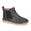 BLACK GLITTER NAPPA leather kids ankle boot shoes with elastic band and zipper closure.