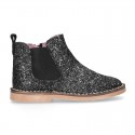 BLACK GLITTER NAPPA leather kids ankle boot shoes with elastic band and zipper closure.